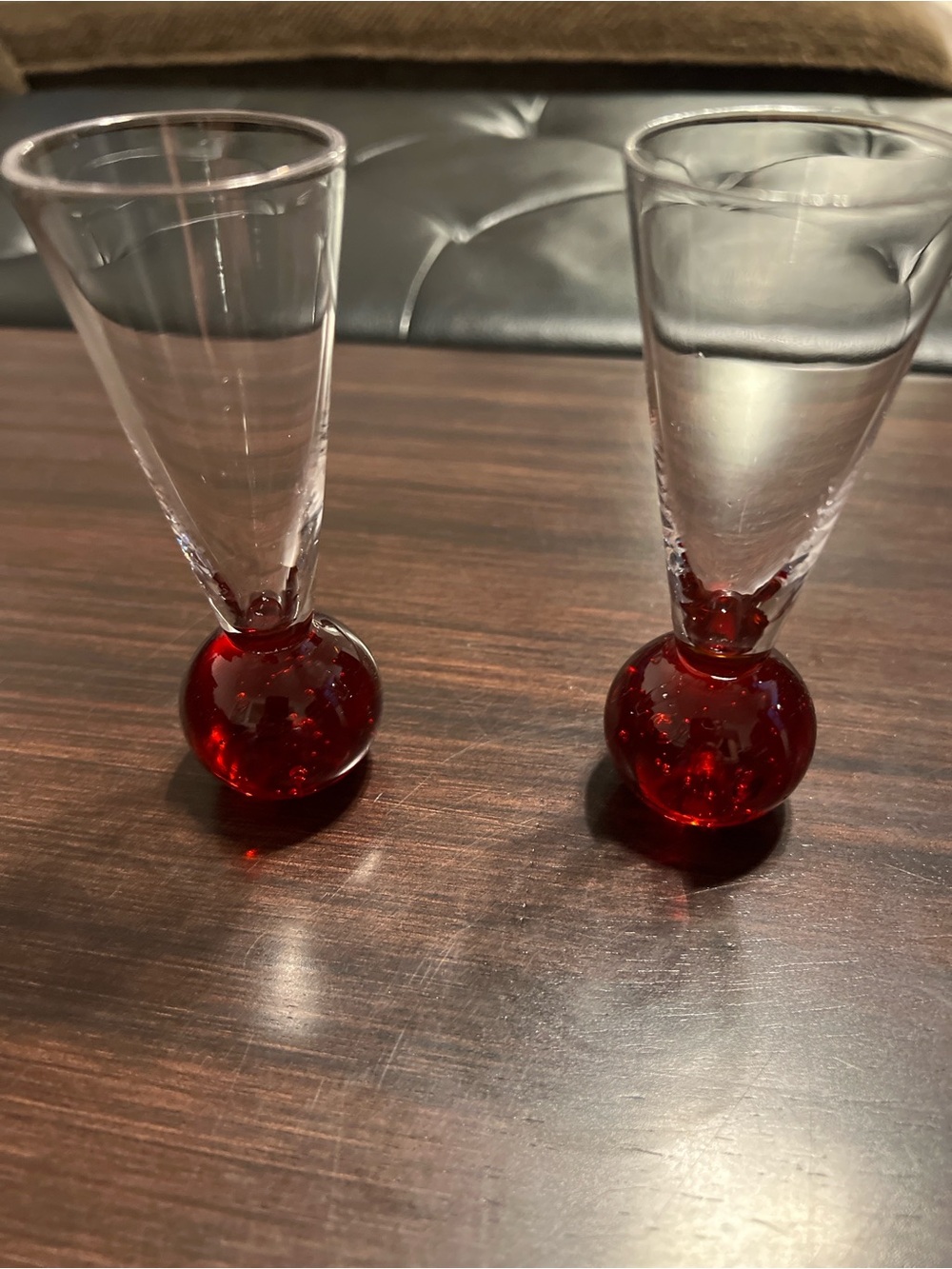 Vintage red orb base cordial glasses / art glass shot glasses